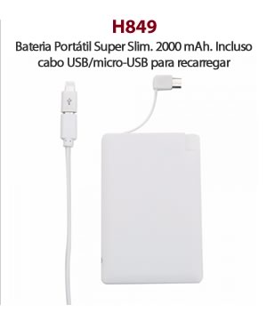 H849 Bateria Portátil Super Slim. 2000 mAh. Incluso cabo USB/micro-USB para recarregar