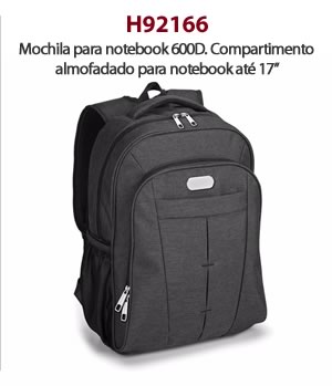 H92166 Mochila para notebook 600D. Compartimento almofadado para notebook até 17’’