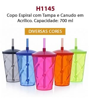 H1145 Copo Espiral com Tampa e Canudo em Acrílico. Capacidade: 700 mlDIVERSAS CORES