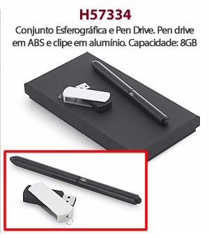 H57334 Conjunto Esferográfica e Pen Drive. Pen drive em ABS e clipe em alumínio. Capacidade: 8GB
