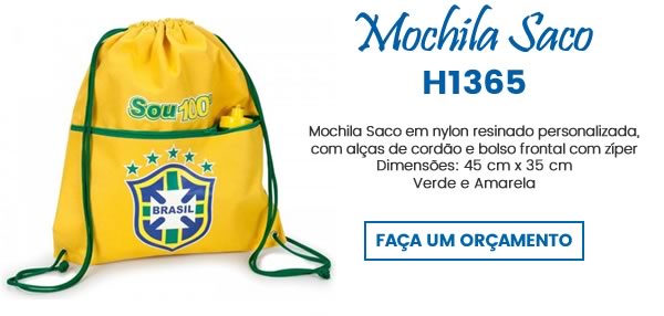 Mochila Saco H1365 Mochila Saco em nylon resinado personalizada, com alças de cordão e bolso frontal com zíperDimensões: 45 cm x 35 cmVerde e Amarela
