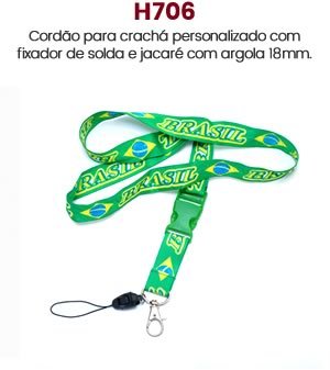 H706 Cordão para crachá personalizado com fixador de solda e jacaré com argola 18mm.