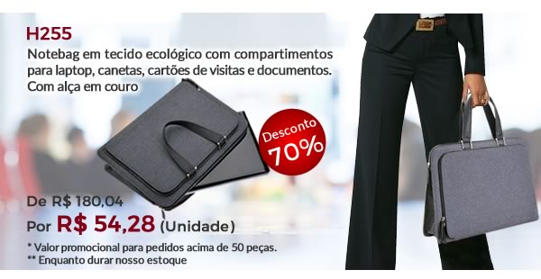 H255 Notebag em tecido ecológico com compartimentos para laptop, canetas, cartões de visitas e documentos.  Com alça em couro