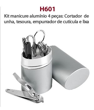 H601 Kit manicure alumínio 4 peças: Cortador  de unha, tesoura, empurrador de cutícula e lixa