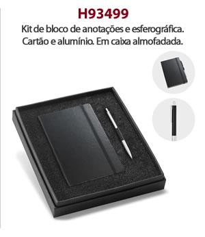 H93499 Kit de bloco de anotações e esferográfica. Cartão e alumínio. Em caixa almofadada. 