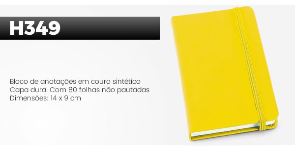 H349 Bloco de anotações em couro sintéticoCapa dura. Com 80 folhas não pautadasDimensões: 14 x 9 cm