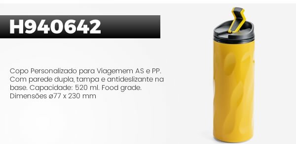 H940642 Copo Personalizado para Viagemem AS e PP. Com parede dupla, tampa e antideslizante na base. Capacidade: 520 ml. Food grade. Dimensões ø77 x 230 mm