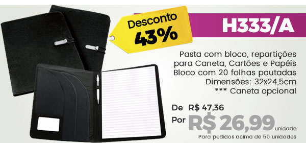 H333/A Pasta com bloco, repartições para Caneta, Cartões e PapéisBloco com 20 folhas pautadasDimensões: 32x24,5cm*** Caneta opcional