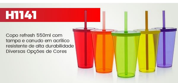 H1141 Copo refresh 550ml com tampa e canudo em acrílico resistente de alta durabilidade Diversas Opções de Cores