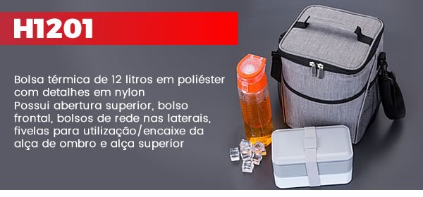 H1201 Bolsa térmica de 12 litros em poliéster com detalhes em nylonPossui abertura superior, bolso frontal, bolsos de rede nas laterais, fivelas para utilização/encaixe da alça de ombro e alça superior