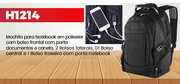 H1214 Mochila para Notebook em poliester com bolso frontal com porta documentos e caneta. 2 Bolsos laterais, 01 Bolso central e 1 Bolso traseiro com porta notebook