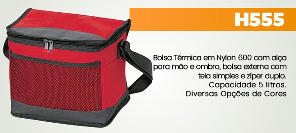 H555 Bolsa Térmica em Nylon 600 com alça para mão e ombro, bolsa externa com tela simples e zíper duplo.Capacidade 5 litros.Diversas Opções de Cores