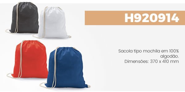 H920914 Sacola tipo mochila em 100% algodão. Dimensões: 370 x 410 mm