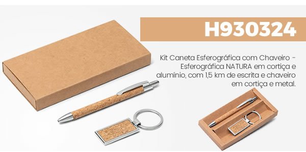 H930324 Kit Caneta Esferográfica com Chaveiro - Esferográfica NATURA em cortiça e alumínio, com 1,5 km de escrita e chaveiro em cortiça e metal.