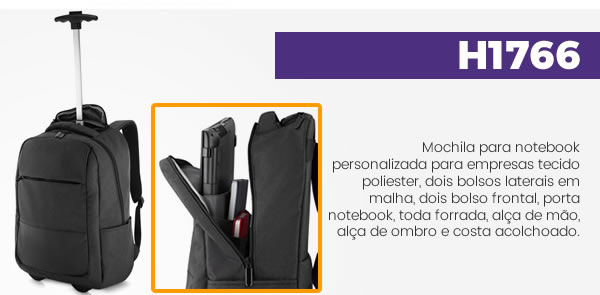 H1766 Mochila para notebook personalizada para empresas tecido poliester, dois bolsos laterais em malha, dois bolso frontal, porta notebook, toda forrada, alça de mão, alça de ombro e costa acolchoado.