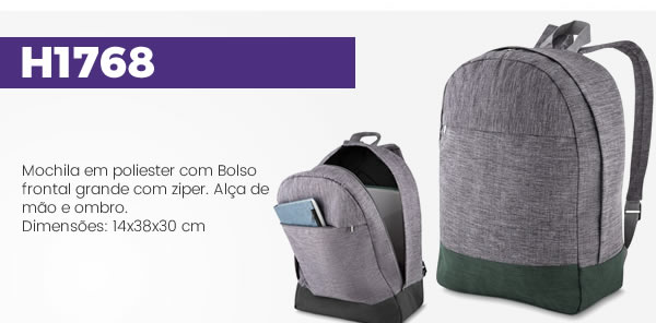 H1768 Mochila em poliester com Bolso frontal grande com ziper. Alça de mão e ombro.Dimensões: 14x38x30 cm