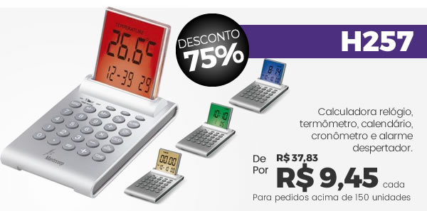H257 Calculadora relógio, termômetro, calendário, cronômetro e alarme despertador.