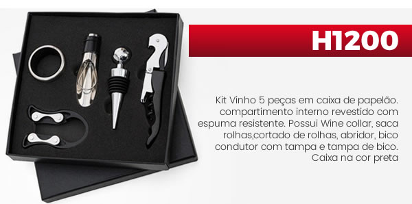 H1200 Kit Vinho 5 peças em caixa de papelão. compartimento interno revestido com espuma resistente. Possui Wine collar, saca rolhas,cortado de rolhas, abridor, bico condutor com tampa e tampa de bico. Caixa na cor preta