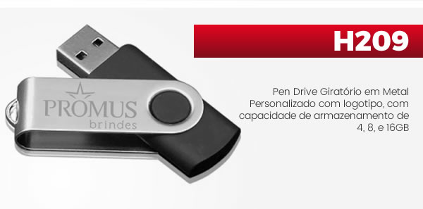 H209 Pen Drive Giratório em Metal Personalizado com logotipo, com capacidade de armazenamento de 4, 8, e 16GB