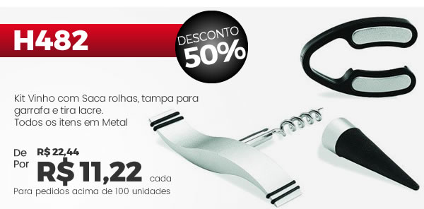 H482 Kit Vinho com Saca rolhas, tampa para garrafa e tira lacre.Todos os itens em Metal