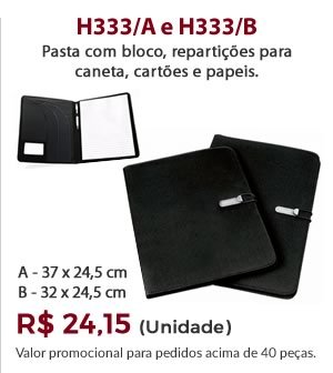 H333 - Pasta com bloco, repartições para caneta, cartões e papeis. R$ 24,15