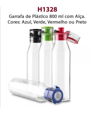 H1328 - Garrafa de Plástico 800 ml com Alça. Cores: Azul, Verde, Vermelho ou Preto