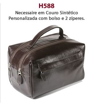 H588 - Necessaire em Couro Sintético Personalizada com bolso e 2 zíperes.