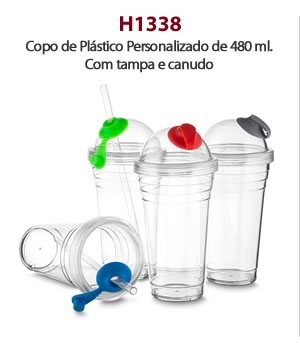 H1338 - Copo de Plástico Personalizado de 480 ml.Com tampa e canudo