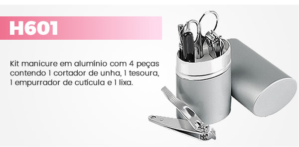 H601 Kit manicure em alumínio com 4 peças contendo 1 cortador de unha, 1 tesoura, 1 empurrador de cutícula e 1 lixa.