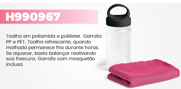 H990967 Toalha em poliamida e poliéster. Garrafa: PP e PET. Toalha refrescante, quando molhada permanece fria durante horas. Se aquecer, basta balançar reativando sua frescura. Garrafa com mosquetão inclusa