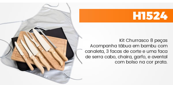 H1524 Kit Churrasco 8 peçasAcompanha tábua em bambu com canaleta, 3 facas de corte e uma faca de serra cabo, chaira, garfo, e avental com bolso na cor prata.