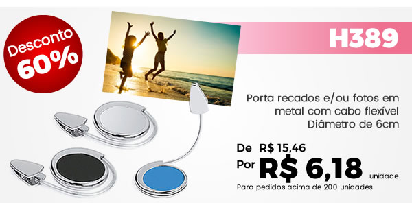 H389 Porta recados e/ou fotos em metal com cabo flexível Diâmetro de 6cm. De R$ 15,46 por R$ 6,18 