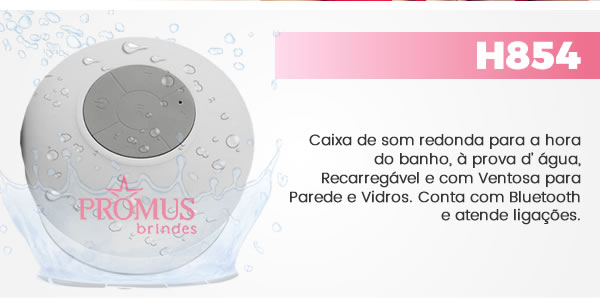 H854 Caixa de som redonda para a hora do banho, à prova d’ água, Recarregável e com Ventosa para Parede e Vidros. Conta com Bluetooth e atende ligações.