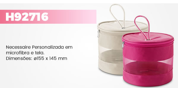 H92716 Necessaire Personalizada em microfibra e tela. Dimensões: ø155 x 145 mm