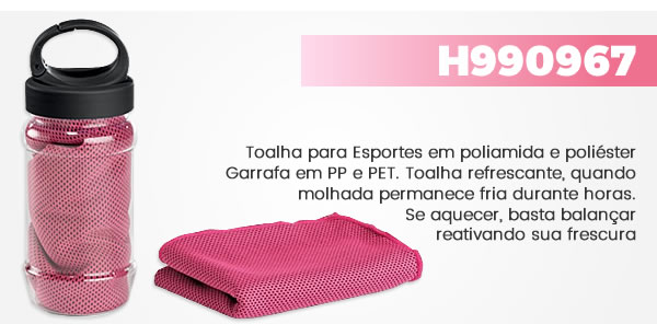 H990967 Toalha para Esportes em poliamida e poliéster Garrafa em PP e PET. Toalha refrescante, quando molhada permanece fria durante horas. Se aquecer, basta balançar reativando sua frescura