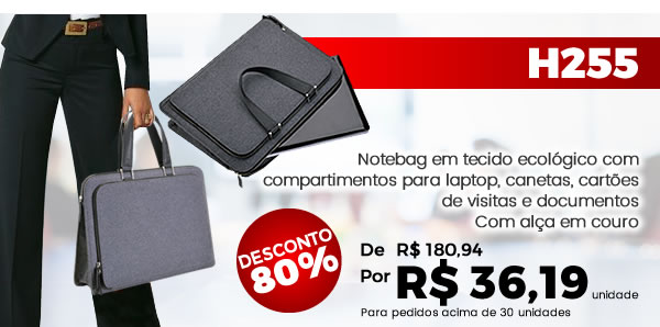 H255 Notebag em tecido ecológico com compartimentos para laptop, canetas, cartões de visitas e documentos  Com alça em couro - De 180,94 por R$ 36,19