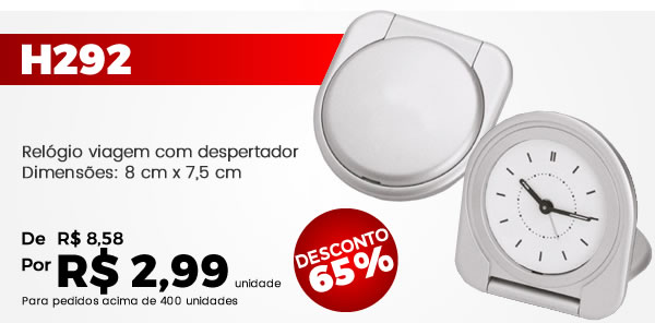 H292 Relógio viagem com despertador Dimensões: 8 cm x 7,5 cm - De R$ 8,58 por R$ 2,99