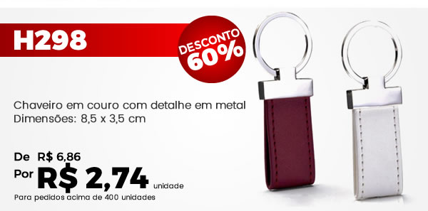 H298 Chaveiro em couro com detalhe em metal Dimensões: 8,5 x 3,5 cm - De R$ 6,86 por R$ 2,74