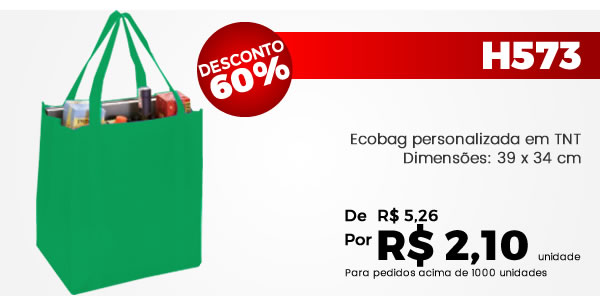 H573 Ecobag personalizada em TNTDimensões: 39 x 34 cm - De R$ 5,26 por R$ 2,10