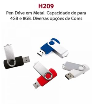 H209 - Pen Drive em Metal. Capacidade de para 4GB e 8GB. Diversas opções de Cores