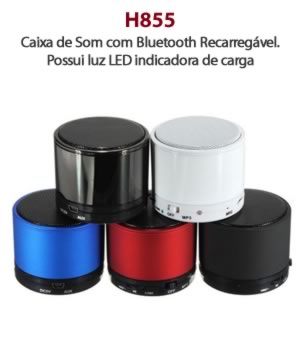 Caixa de Som com Bluetooth Recarregável. Possui luz LED indicadora de carga