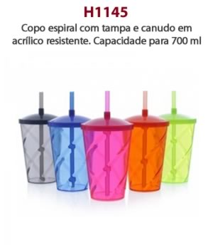 Copo espiral com tampa e canudo em acrílico resistente. Capacidade para 700 ml