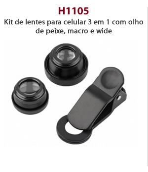 H1105 - Kit de lentes para celular 3 em 1 com olho de peixe, macro e wide