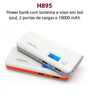 H895 - Power bank com lanterna e visor em led azul, 2 portas de cargas e 10000 mAh