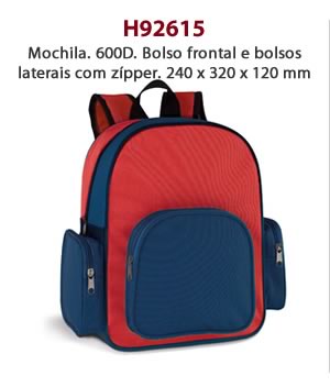 H92615 - Mochila. 600D. Bolso frontal e bolsos laterais com zípper. 240 x 320 x 120 mm