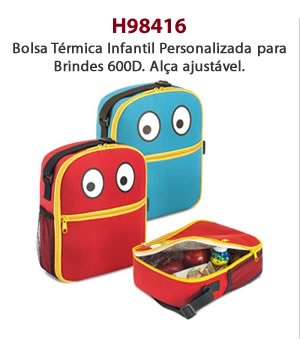 H98416 - Bolsa Térmica Infantil Personalizado para Brindes 600D. Alça ajustável.