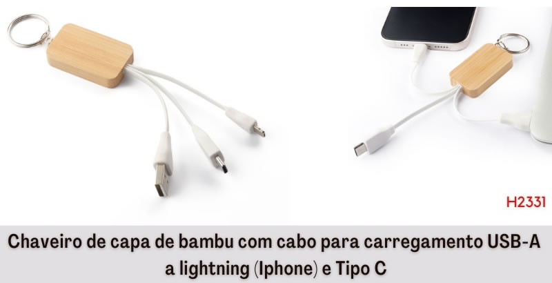Chaveiro de Capa de Bambu com cabo de carregamento USB H2331