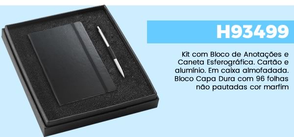 H93499 Kit com Bloco de Anotações e Caneta Esferográfica. Cartão e alumínio. Em caixa almofadada. Bloco Capa Dura com 96 folhas não pautadas cor marfim