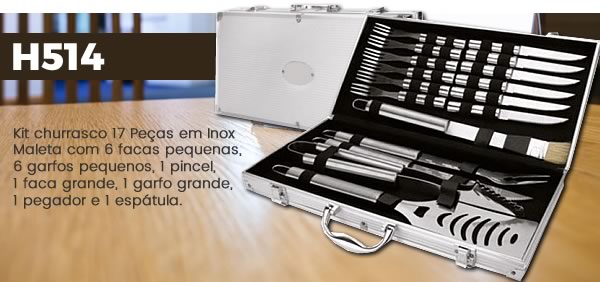 H514 Kit churrasco 17 Peças em Inox Maleta com 6 facas pequenas, 6 garfos pequenos, 1 pincel, 1 faca grande, 1 garfo grande, 1 pegador e 1 espátula.