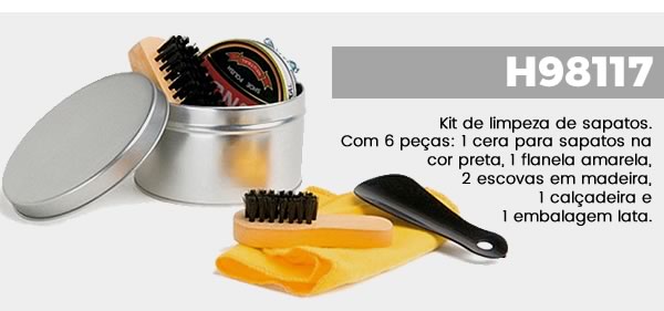 H98117 Kit de limpeza de sapatos. Com 6 peças: 1 cera para sapatos na cor preta, 1 flanela amarela, 2 escovas em madeira, 1 calçadeira e 1 embalagem lata. 